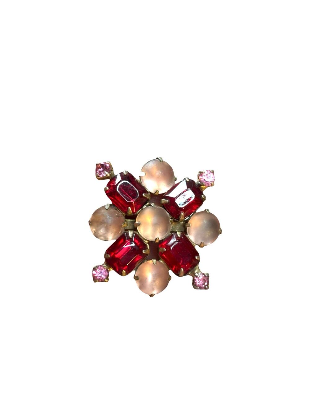 Vintage 1940s Red Rhinestone Brooch Pink Glass Cabochon Cluster Gold Tone